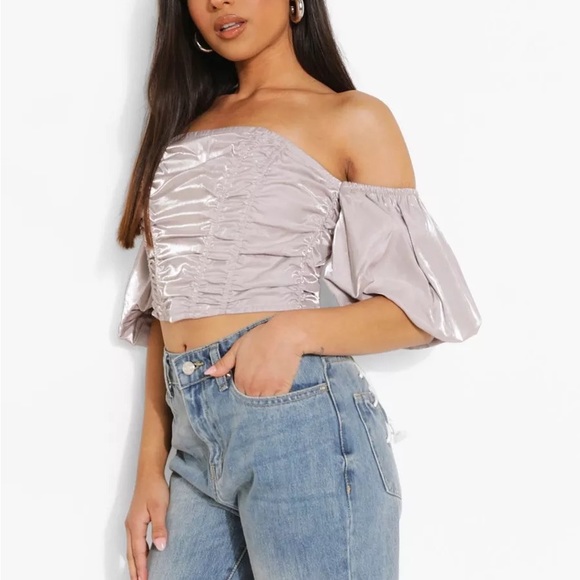 Boohoo Ruched Front Satin Puff Sleeve Corset - Picture 1 of 3